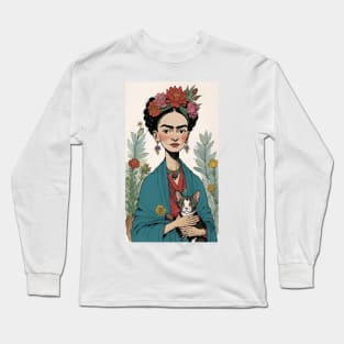 Frida's Floral Feline: Illustrated Tribute Long Sleeve T-Shirt